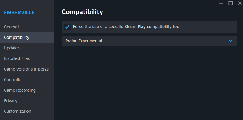 Emberville’s Steam Compatibility menu with Proton Experimental selected