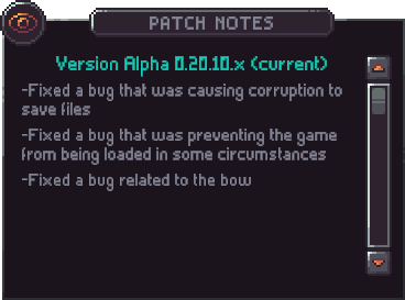 Original in-game patch notes for Emberville Alpha 0.20.10.x