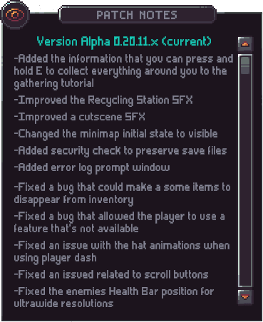 Original in-game patch notes for Emberville Alpha 0.20.11.x