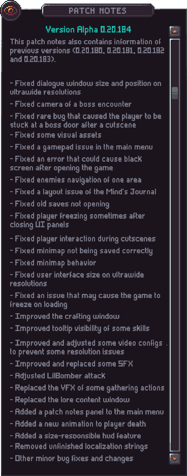 Original in-game patch notes for Emberville Alpha 0.20.184