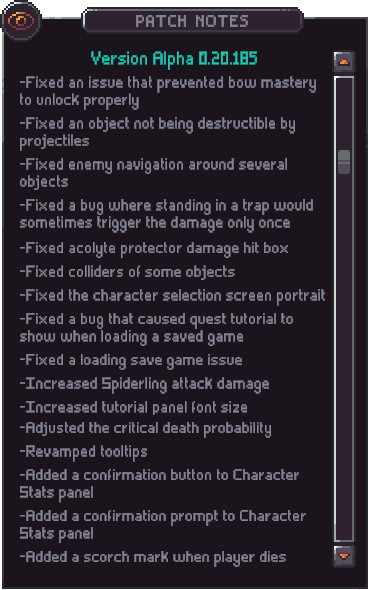 Original in-game patch notes for Emberville Alpha 0.20.185