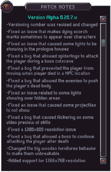 Original in-game patch notes for Emberville Alpha 0.20.7.x