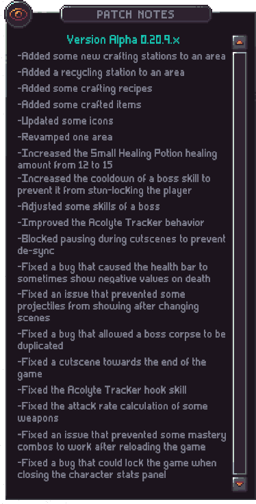 Original in-game patch notes for Emberville Alpha 0.20.9.x