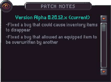 Original in-game patch notes for Emberville Alpha 0.20.12.x