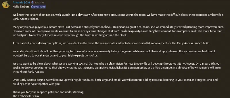 The Emberville team’s official Discord announcement confirming the Early Access delay to January 7, 2027.
