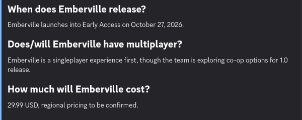 Emberville Discord FAQ confirming the October 27 release date, single-player focus, possible future co-op, and $29.99 price