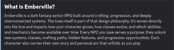 Emberville Discord FAQ explaining the game’s dark fantasy action RPG design and the town’s role in progression