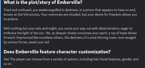 Emberville Discord FAQ describing the Vitromotus story and available character customization