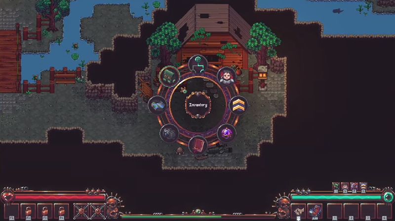 Emberville gameplay showing a radial controller interface and controller-specific HUD