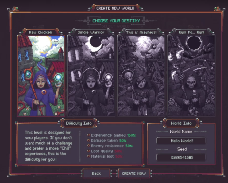 Emberville world creation screen showing four planned difficulty choices